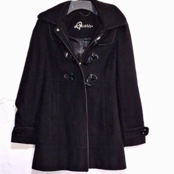 A Guess Women's Black Pea Coat Wool Blend Toggle Front Retro Nautical Y2K M - Picture 1 of 10